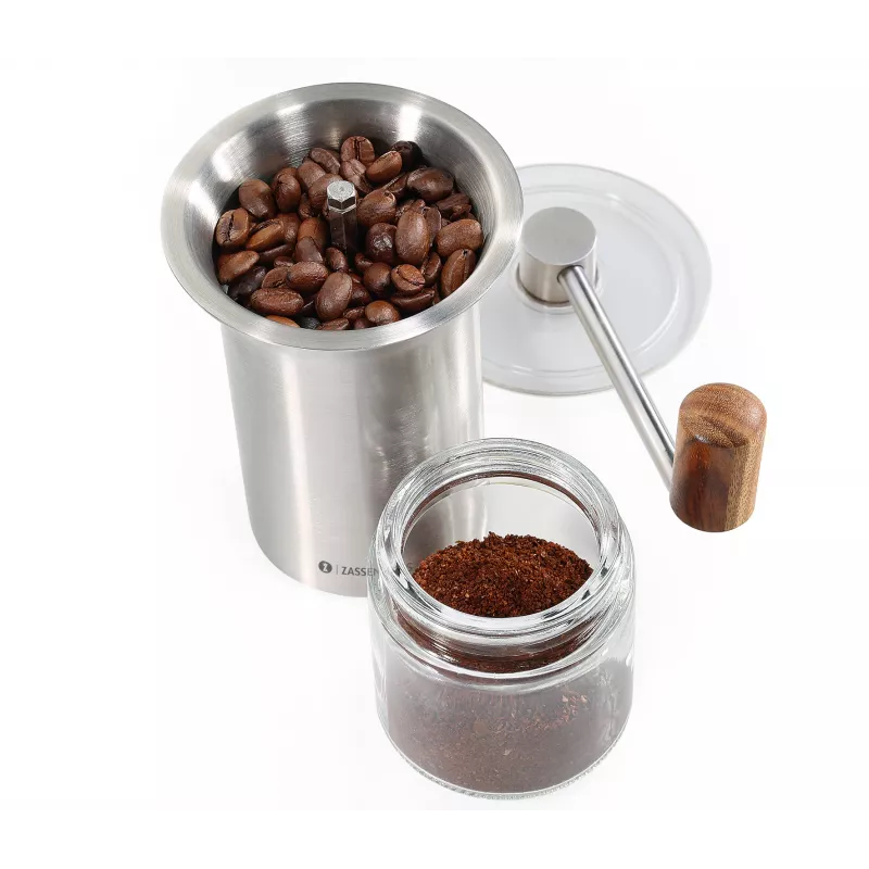Moinho de café Zassenhaus BARISTA aço inoxidável / vidro moinho manual com mós de cerâmica
