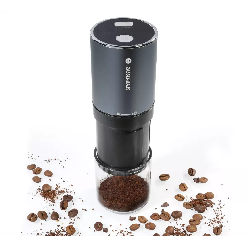 Moinho de café USB Zassenhaus Mini Master, mós cónicas de cerâmica, recarregável, preto/prateado