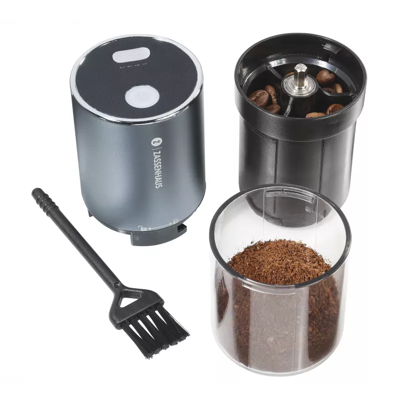 Moinho de café USB Zassenhaus Mini Master, mós cónicas de cerâmica, recarregável, preto/prateado