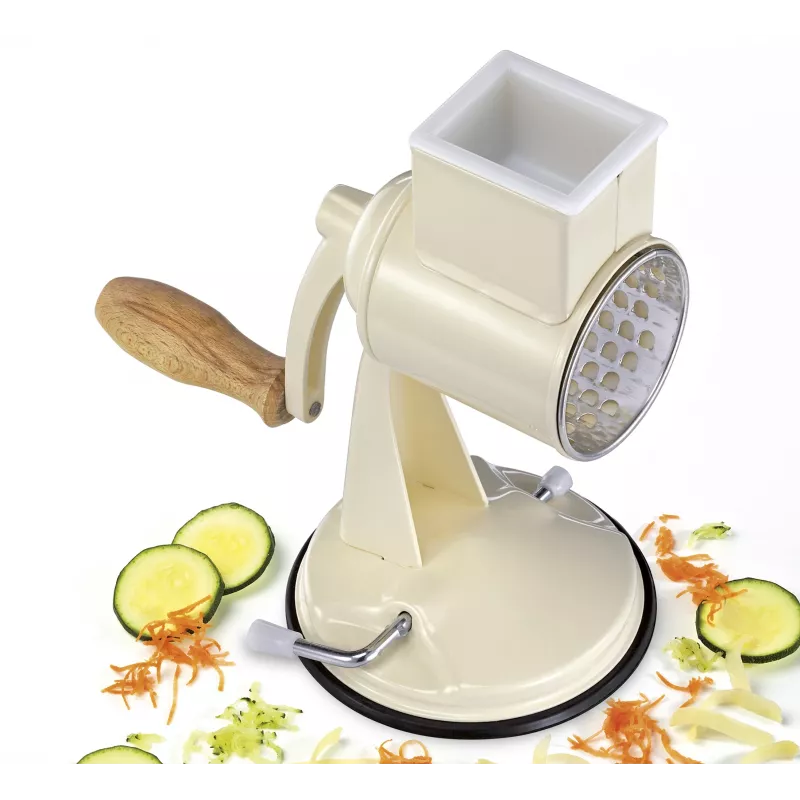 Ralador de tambor Zassenhaus Classic Cream – ralador rotativo de 3 tambores com tambores de aço inoxidável, base de sucção, manivela ergonómica