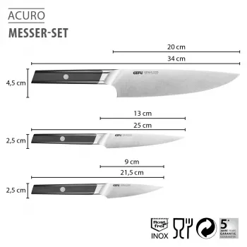 GEFU ACURO conjunto de 3 facas - faca de cozinha, faca multiusos e faca de descascar