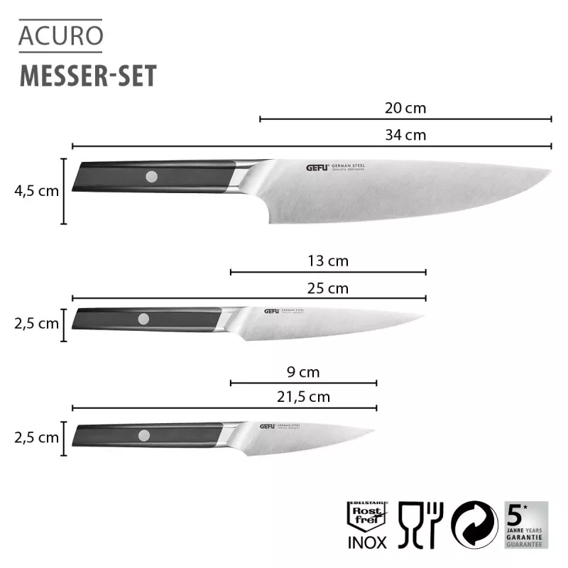 GEFU ACURO conjunto de 3 facas - faca de cozinha, faca multiusos e faca de descascar