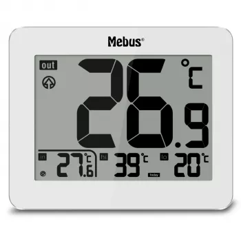 MEBUS 1074 termómetro digital com temperatura interior e exterior, visor LCD, montagem na parede, branco