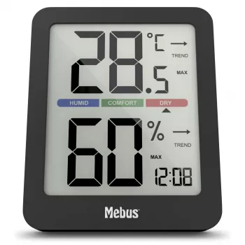 Mebus 11115 termo-higrómetro analógico de parede, termómetro de interior e medidor de humidade com indicação de zona de conforto - branco/prateado