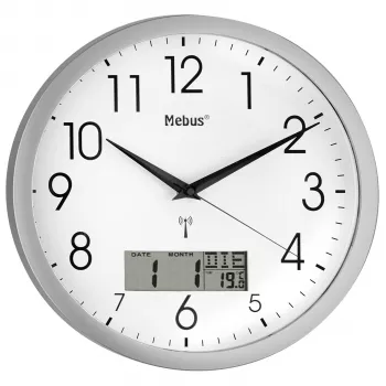 Mebus 19422 relógio de parede radiocontrolado, analógico, mostrador branco, caixa prateada, 30 cm