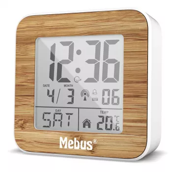 Mebus 27247 despertador digital rádio-controlado, branco/aspeto de madeira