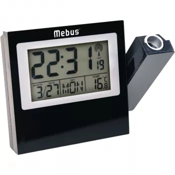 MEBUS 42424 Despertador com projeção e controlo radiocontrolado DCF77, projeção LED vermelha, ecrã LCD, alarme duplo, temperatura interior, retroiluminação azul, preto