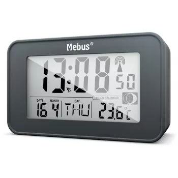Mebus 51460 Despertador digital com sincronização horária radiocontrolada DCF77, ecrã LED, alarme duplo, função soneca, temperatura interior, preto