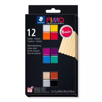 STAEDTLER FIMO 8043 C Conjunto de massa de modelar - 12 cores - Preto, Azul, Champanhe, Verde, Cinzento, Magenta, Laranja, Vermelho, Terracota, Violeta, Branco, Amarelo - 12 blocos de 25 g - Argila polimérica de endurecimento no forno - Macia - 110°C - 30 min.