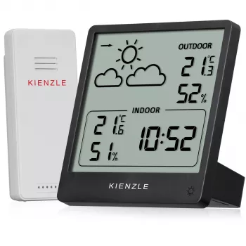 KIENZLE estação meteorológica Slim (15002) com sensor exterior sem fios, ecrã LCD, previsão meteorológica, fase da lua, despertador