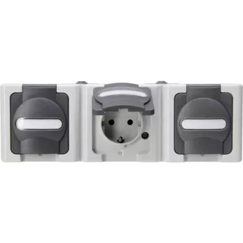 HEINRICH KOPP Régua de tomadas de sobrepor 3 tomadas, IP44, cinzento, horizontal, Schuko tipo F, com proteção para crianças (131356005)