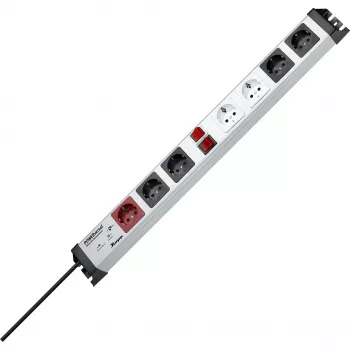 Heinrich Kopp POWERversal Régua de tomadas com 7 tomadas AC, tipo F, IP20, 3600 W, preto/cinzento/vermelho/branco, cabo de 1,4 m