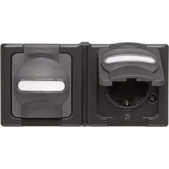 Heinrich Kopp BlueElectric Tomada dupla de superfície IP44 antracite brilhante horizontal com tampa basculante