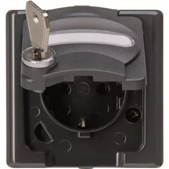 Tomada de parede Heinrich Kopp BlueElectric 1 tomada antracite brilhante IP44 com tampa basculante e proteção para crianças horizontal