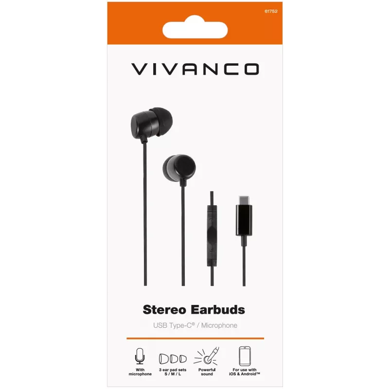 Vivanco Auscultadores intra-auriculares estéreo USB-C, preto (61752)