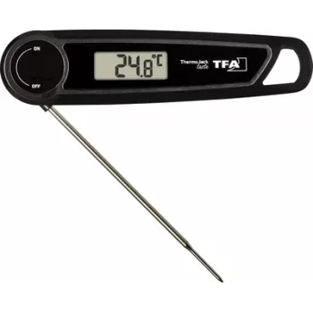 TFA THERMO JACK TASTE Termómetro de cozinha digital com temporizador e alarme, sonda em aço inoxidável, 160 mm, -50 a +300 °C, visor LCD, preto/branco