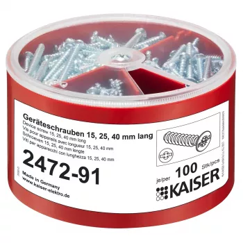 Caixa de sortimento de parafusos para aparelhos Kaiser Elektro 2472-91, 100 unid. por tamanho 3,2x15/25/40 mm