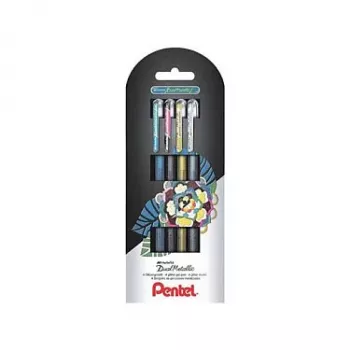 Conjunto de canetas de gel metálicas Pentel Dual, 4 canetas (preto, azul, dourado, prateado) - 0,5 mm - blister