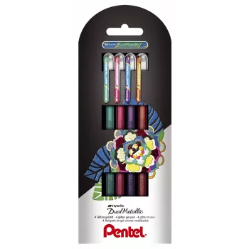 Conjunto de canetas de gel metálicas Pentel Dual, 4 cores (verde, laranja, rosa, violeta) - 0,5 mm, ponta fina - corpo em plástico - blister