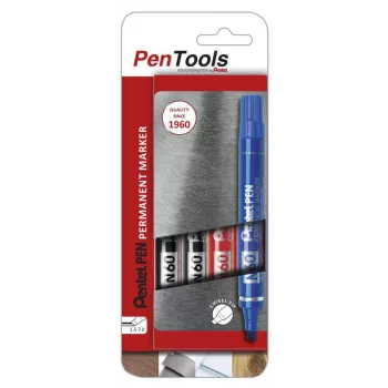 Marcador permanente Pentel N60, ponta biselada, pack de 4, cores sortidas, preto, azul, vermelho, verde