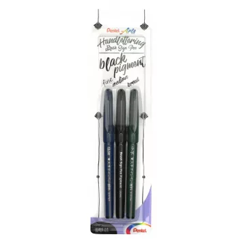 Conjunto de 3 canetas pincel de caligrafia Pentel Arts Sign Pen Brush, preto