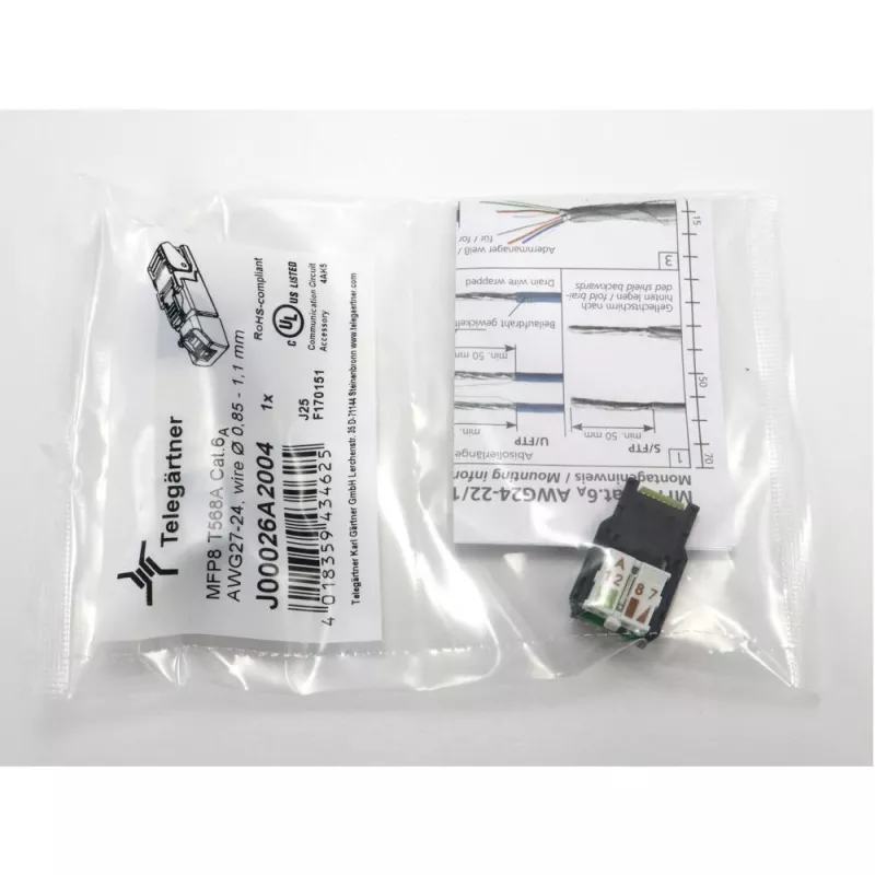 Ficha RJ45 Telegärtner MFP8 Cat.6a (Deep), T568A com tampa antipoeira pré-montada, caixa robusta de zinco fundido - 1 unidade (J00026A2004)