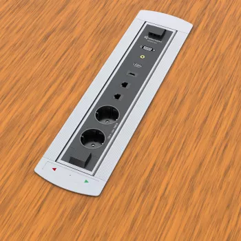 Kindermann CablePort Turn caixa de embutir para mesa com 2 tomadas Schuko, 2 RJ45 CAT6, 2 HDMI, 1 USB-A 3.0, rotação de 360°, prateado/preto