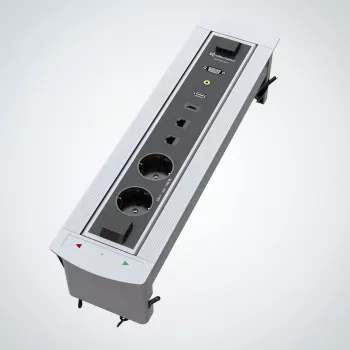 Kindermann CablePort Turn caixa de embutir para mesa com 2 tomadas Schuko, 2 RJ45 CAT6, 2 HDMI, 1 USB-A 3.0, rotação de 360°, prateado/preto