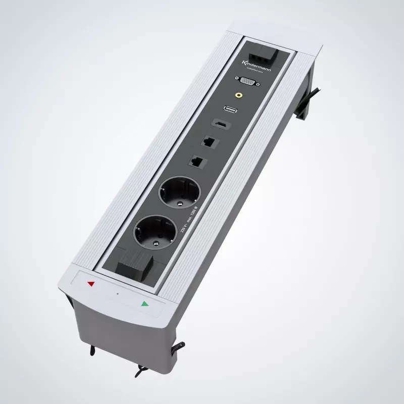 Kindermann CablePort Turn caixa de embutir para mesa com 2 tomadas Schuko, 2 RJ45 CAT6, 2 HDMI, 1 USB-A 3.0, rotação de 360°, prateado/preto