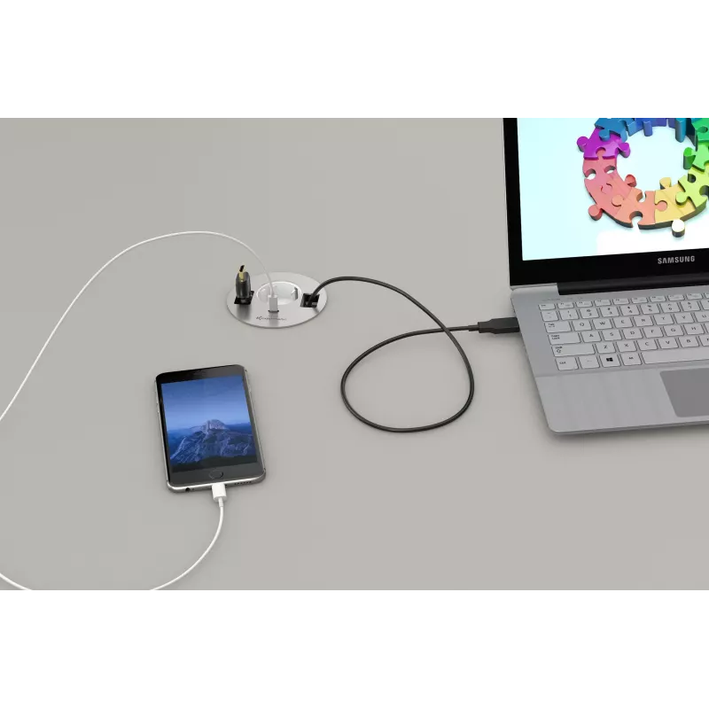 Kindermann CablePort table³ unidade de ligação de mesa de montagem embutida com 2x Schuko, 2x RJ45, 1x HDMI, 1x USB-A, prateado/preto