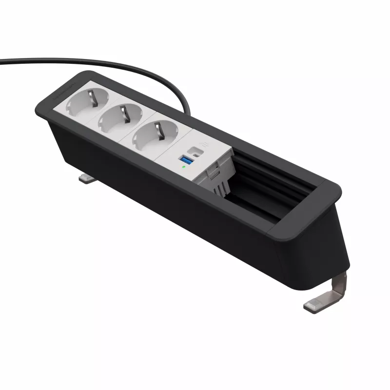 Unidade de alimentação e conectividade Kindermann CP Office Desk, 6 slots, 3x tomadas Schuko, 1x USB-C PD 60W, cabo de 3m, prateada