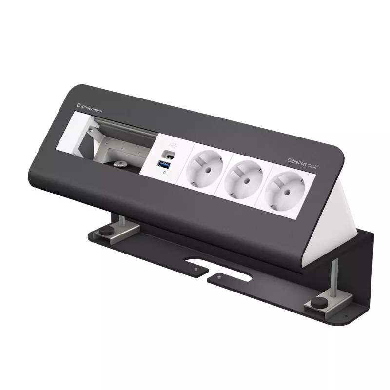 Kindermann CablePort desk de 6 posições 3x Schuko 2x USB-A módulo de ligação de secretária prateado/preto