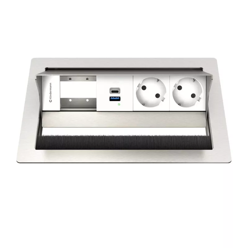 Kindermann CP Standard VA 4f. painel de ligação de secretária com 2x tomadas Schuko e 1x porta de carregamento USB-A, prateado/preto