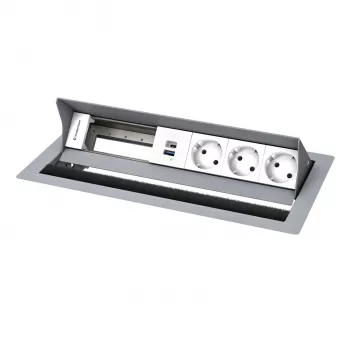 Painel de ligação de secretária Kindermann CP Standard² 6 tomadas com 3x corrente e 1x função de carregamento USB-A, prateado