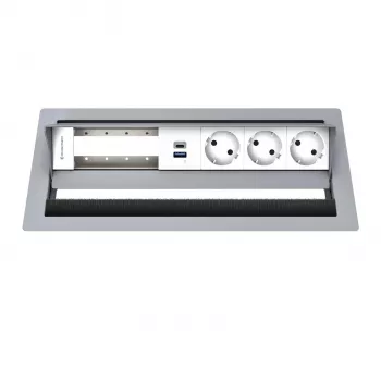Painel de ligação de secretária Kindermann CP Standard² 6 tomadas com 3x corrente e 1x função de carregamento USB-A, prateado