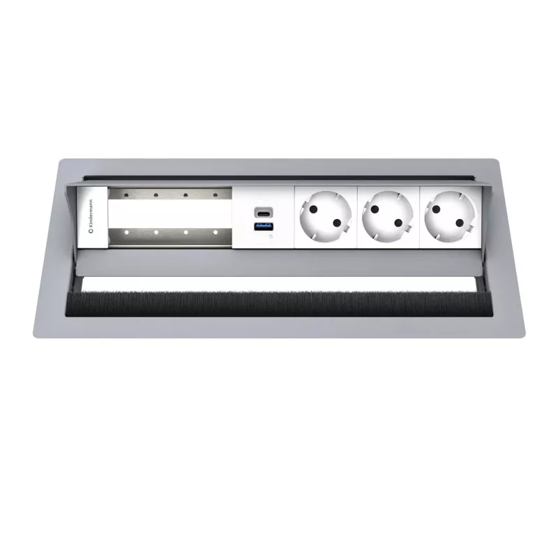 Painel de ligação de secretária Kindermann CP Standard² 6 tomadas com 3x corrente e 1x função de carregamento USB-A, prateado