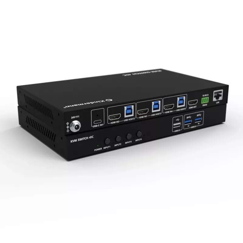KVM Switch Kindermann 41C - KVM Switch digital de 4 portas com DVI-D, USB, áudio, emulação EDID