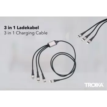 TROIKA DREIZACK PRO Cabo de carregamento rápido - Cabo de carregamento multifunções 3-em-1 com argola para chaves - cinzento