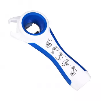 Abridor multiusos 5-em-1 First Aid Only para garrafas e latas, branco/azul, reduz o esforço