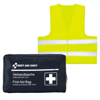 First Aid Only kit de primeiros socorros para motociclo DIN 13167 azul com colete refletor