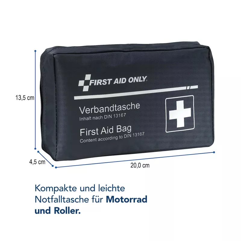 First Aid Only kit de primeiros socorros para motociclo DIN 13167 azul com colete refletor