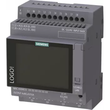 Siemens LOGO! 12/24 RCE módulo lógico com display, 8 DI/4 AI/4 relés, 12-24V DC, Ethernet, Modbus TCP/IP