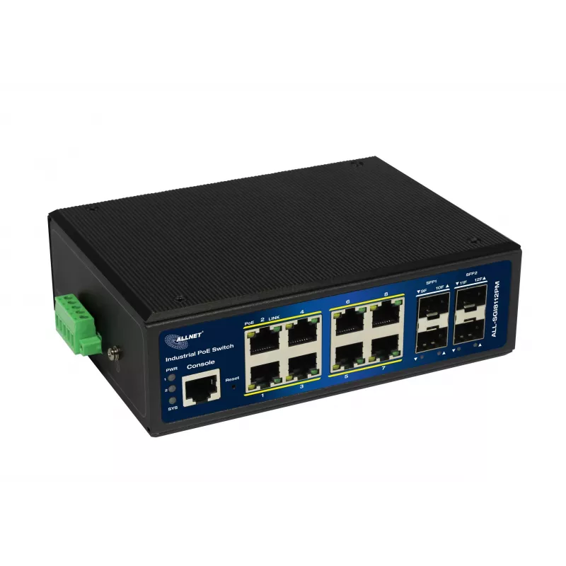 ALLNET ALL-SGI8112PM-BT Switch Industrial Full Managed Layer2+ Gigabit Ethernet PoE++, 12 portas, 8x PoE++ (orçamento 240W)