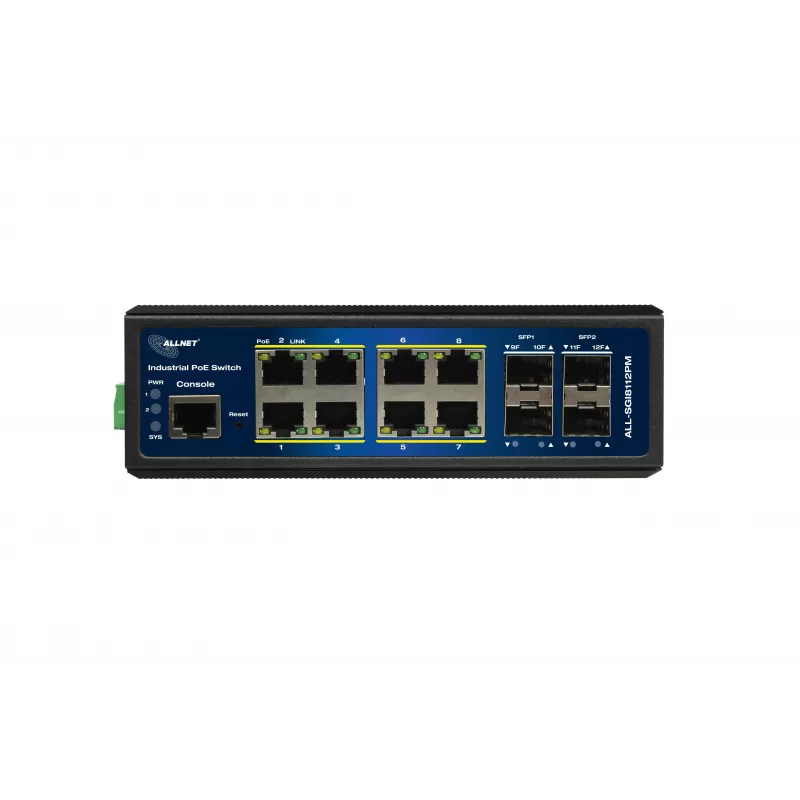 ALLNET ALL-SGI8112PM-BT Switch Industrial Full Managed Layer2+ Gigabit Ethernet PoE++, 12 portas, 8x PoE++ (orçamento 240W)