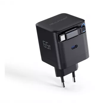 RealPower Carregador GaN 65W Preto com 2x USB-C PD, compacto e potente