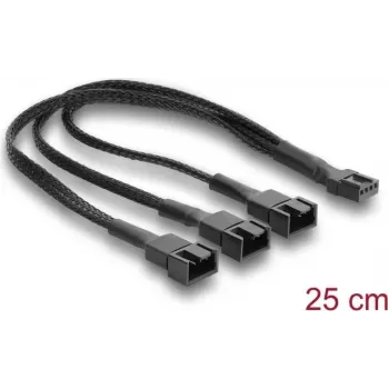 Divisor de cabo de ventoinha Delock 1 x fêmea 4 pinos PWM para macho + 2 x macho 4 pinos (3 pinos ligados) com revestimento trançado 25 cm preto