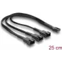 Divisor de cabo de ventoinha Delock 1 x fêmea 4 pinos PWM para macho + 2 x macho 4 pinos (3 pinos ligados) com revestimento trançado 25 cm preto