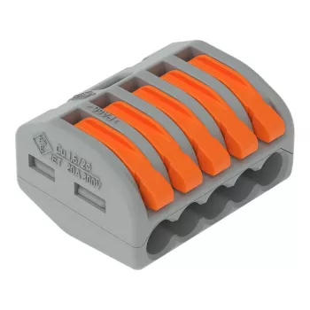 Bloco de bornes compacto de 5 condutores WAGO 222-415 com alavanca, ligação de mola, 32 A, 400 V, cinzento/laranja