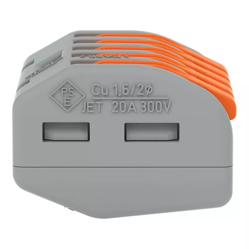 Bloco de bornes compacto de 5 condutores WAGO 222-415 com alavanca, ligação de mola, 32 A, 400 V, cinzento/laranja