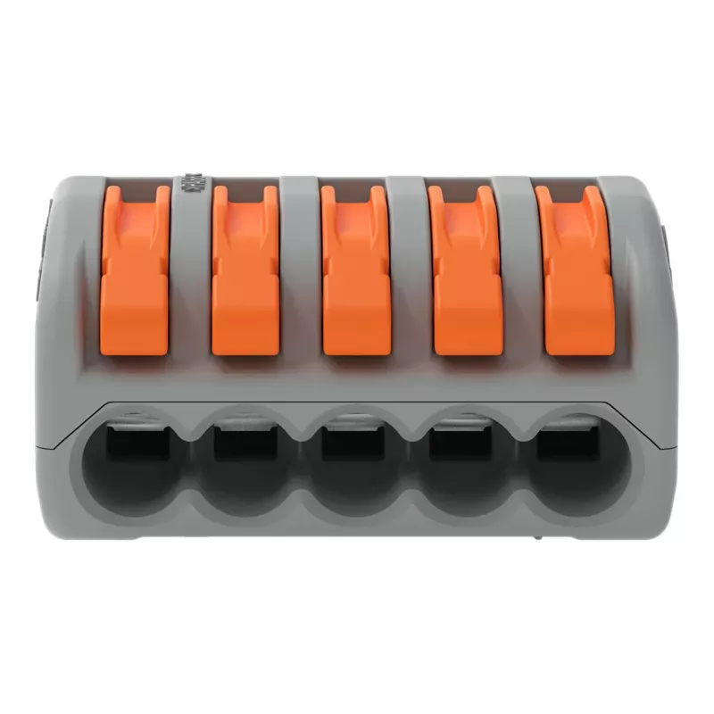 Bloco de bornes compacto de 5 condutores WAGO 222-415 com alavanca, ligação de mola, 32 A, 400 V, cinzento/laranja
